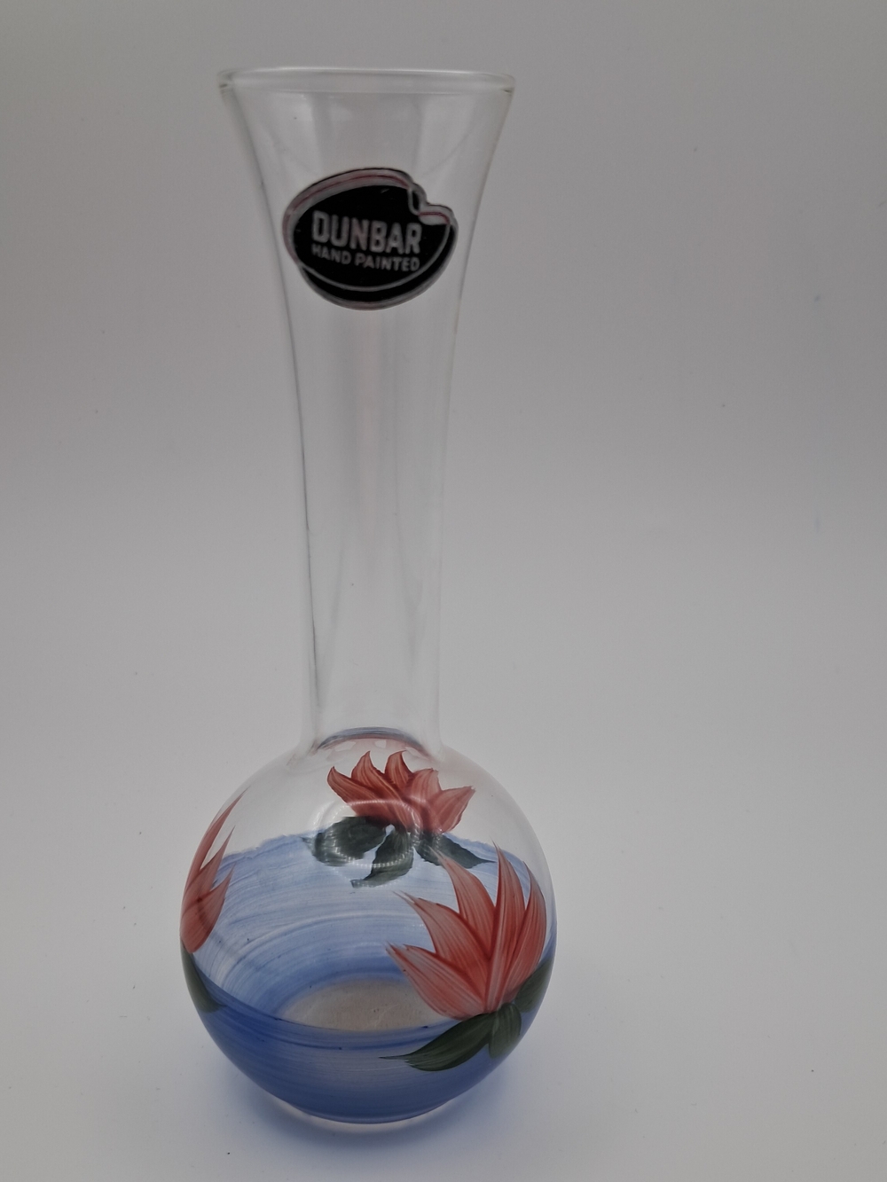 ​Vintage Dunbar Glass Hand Painted Water Lily Solifleur Bud Vase Foil Label ~6"